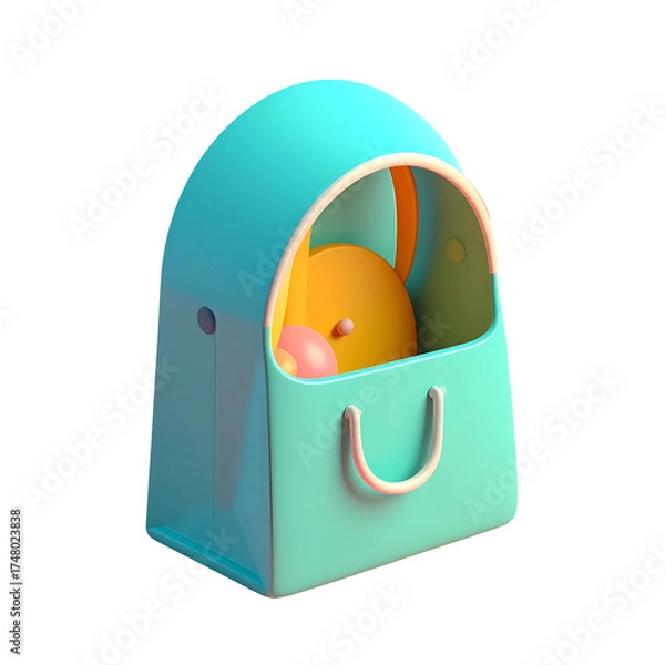 Fototapeta 3D-rendered teal handbag with orange handles and contents against a black backdrop