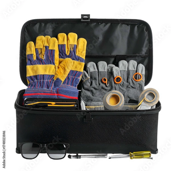 Fototapeta Open toolbox filled with gloves, tape, tools, and safety glasses on black background