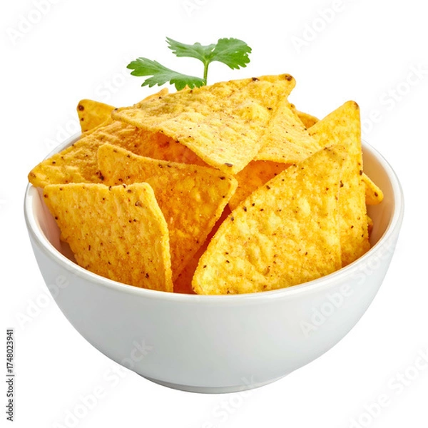 Fototapeta Close-up of tortilla chips in a white bowl with cilantro sprig on a black background