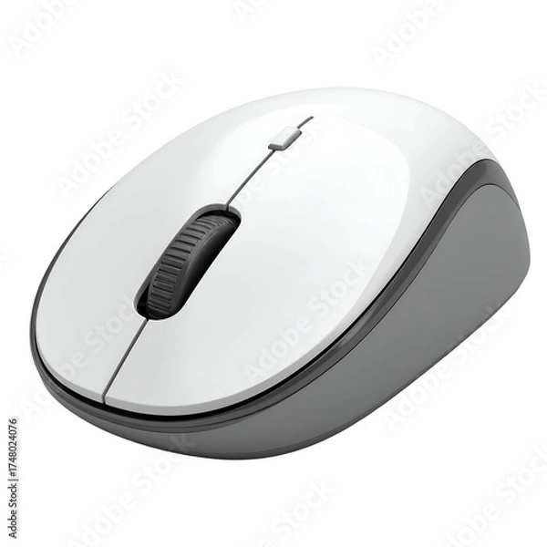 Fototapeta A white and grey wireless computer mouse, featuring a scroll wheel, over a black background