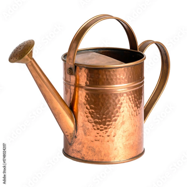 Fototapeta Copper watering can with a long spout and arched handle, isolated against a black background