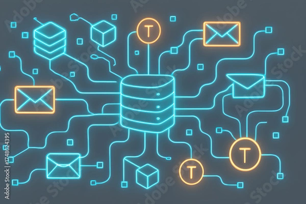 Fototapeta Digital Data Flow and Communication Network with Central Server