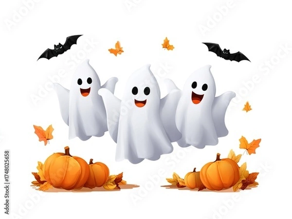 Fototapeta Holiday Happy Halloween Vector Design, Transparent Background Cartoon Characters Collection, Playful Ghost and Jack O Lantern