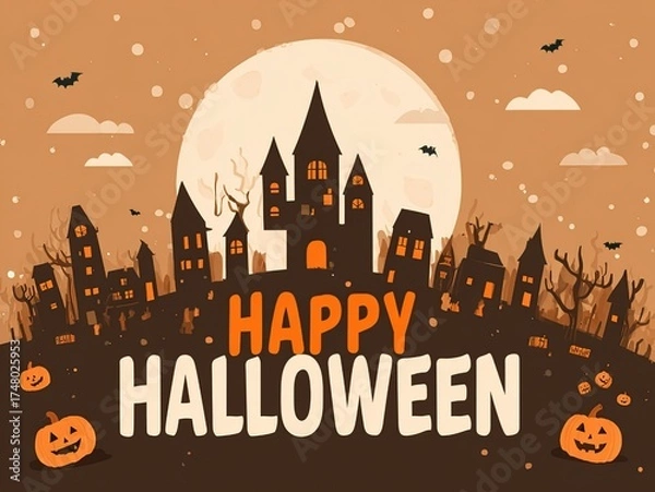 Fototapeta Whimsical Halloween Theme Illustration Background, Orange Black Color Cartoon Scene, Enchanted Forest Picnic with Animation Details Vector Design