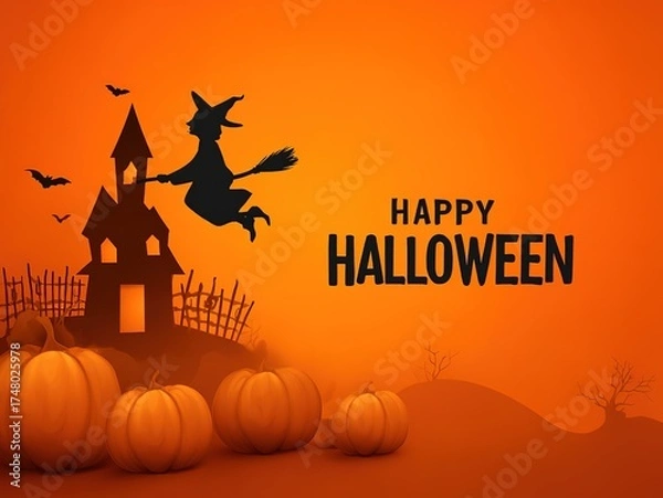 Fototapeta Halloween Theme Vector Illustration Background, Cartoon Pumpkin and Flying Witch, Happy Font Haunted House Scene Orange Tone Design Element