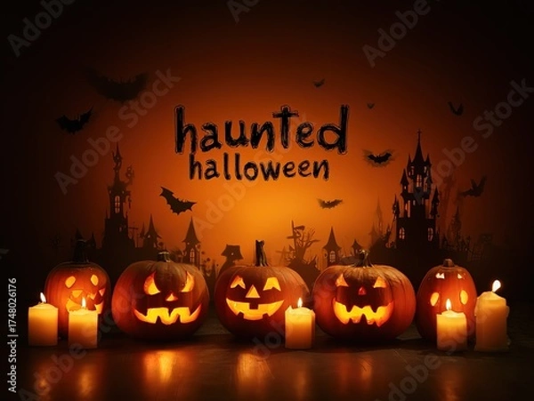 Fototapeta Warm Candlelight Halloween Setting, Spooky Castle Surrounded by Bats, Carved Pumpkins with "Haunted Hallowe'en" Theme Text Design
