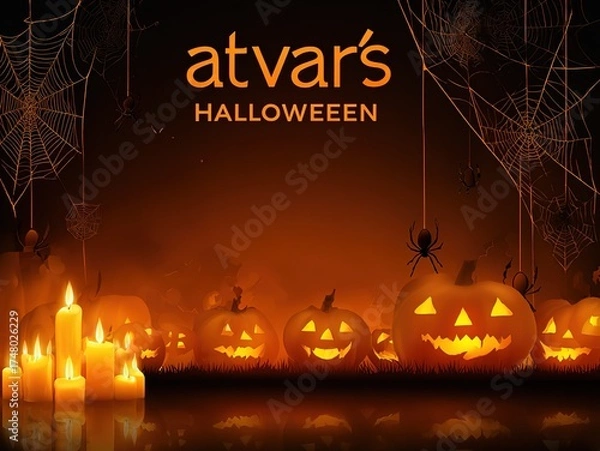 Fototapeta Halloween Theme Banner Design, Carved Pumpkins and Glowing Jack-o-Lantern Array, Spider Web Decor with Candlelight Shadows, Orange Color Mysterious Atmosphere
