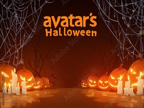 Fototapeta  Mysterious Halloween Celebration Banner, Center Glowing Jack-o-Lantern Array, Bottom Left Candlelight Projection and Spider Web Element Design