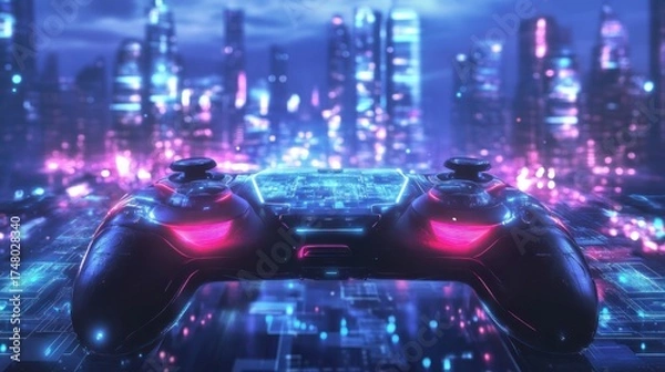 Obraz Video game controller with cityscape lights