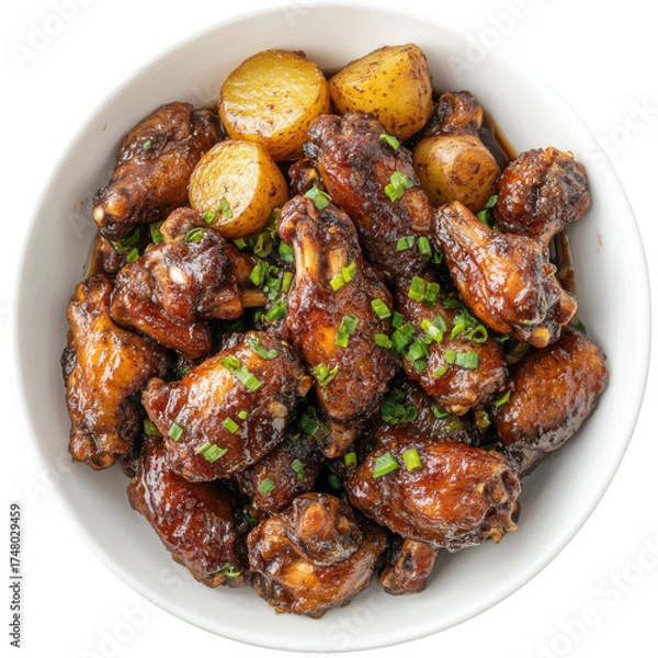 Fototapeta Savory Chicken Wings with Roasted Potatoes in a Bowl, Perfect for Family Gatherings or Game Day Snacks on transparent background
