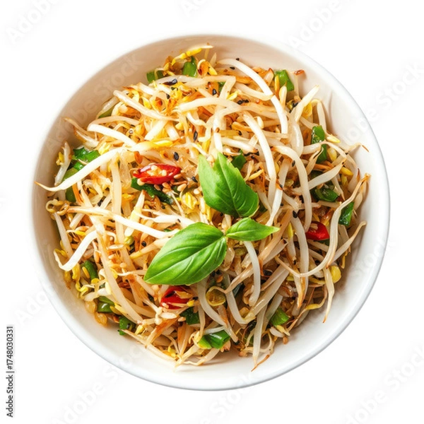 Fototapeta Fresh Bean Sprout Salad with Basil and Chili in a White Bowl, Perfect for Healthy Eating on transparent background