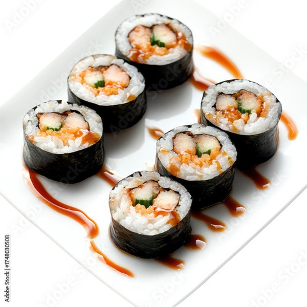 Fototapeta Fresh Shrimp Sushi Rolls with Vegetables on a White Plate, Perfect for Enjoying Japanese Cuisine at Home on transparent background