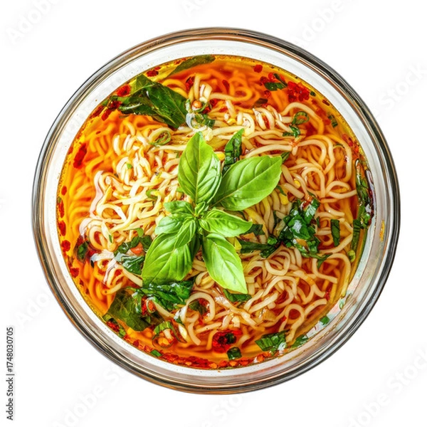 Fototapeta Delicious Bowl of Spicy Asian Noodles with Fresh Basil in a Jar, Perfect for a Quick Meal or Snack on transparent background