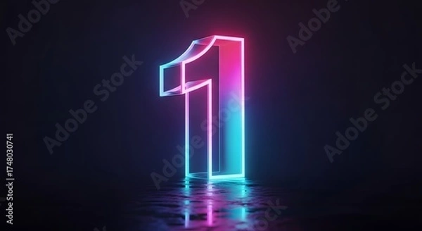 Fototapeta Neon-lit number one glows with vibrant pink and blue hues, reflected on a glossy black surface in a studio shot, creating a modern and futuristic ambiance.