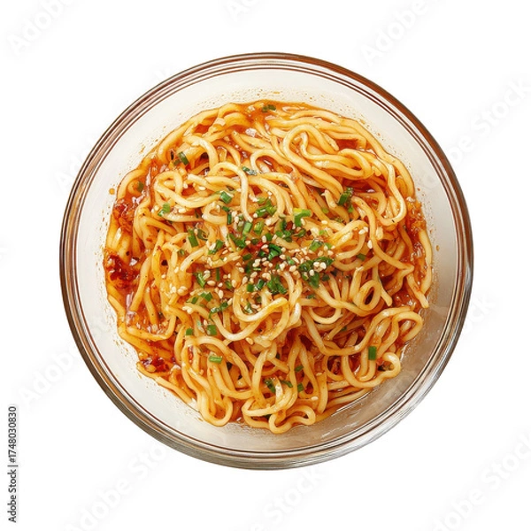 Obraz Delicious Spicy Noodles with Sesame and Chives in a Clear Bowl, Perfect for Quick Meals or Snacks on transparent background