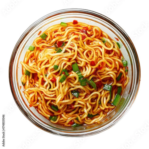 Fototapeta Delicious Spicy Noodles with Green Onions in a Clear Bowl on transparent background