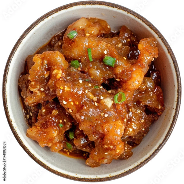 Fototapeta Delicious Sweet and Sour Chicken in a Bowl with Green Onions and Sesame Seeds on transparent background