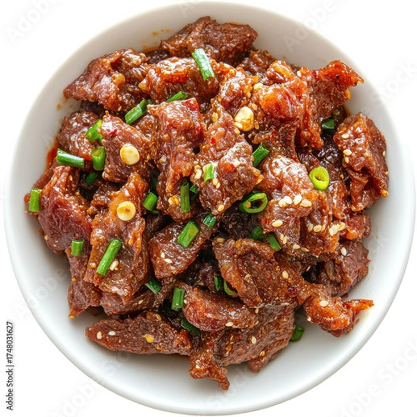 Fototapeta Delicious Spicy Beef Jerky with Green Onions in a White Bowl on transparent background