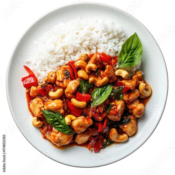 Fototapeta Flavorful Chicken Stir-Fry with Cashews and Rice, Fresh Basil, Colorful Bell Peppers in a Modern Setting on transparent background