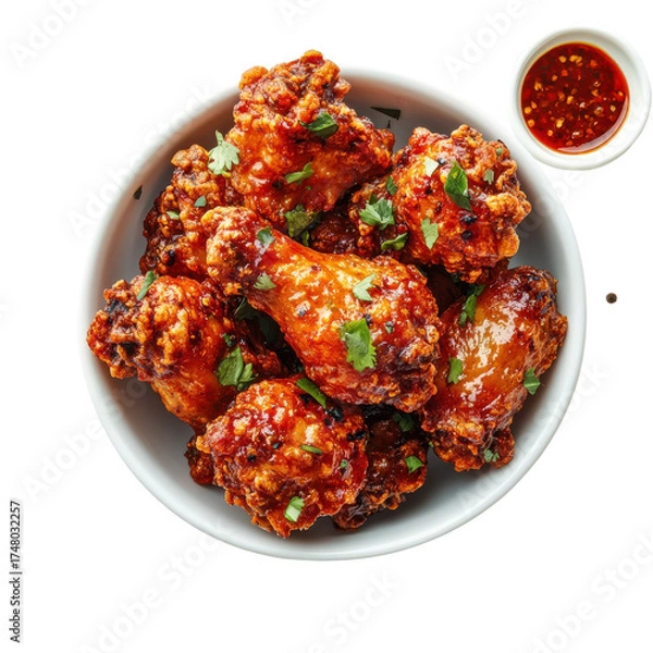 Fototapeta Crispy Spicy Chicken Wings with Garnish in a Bowl, Perfect for Parties and Gatherings on transparent background