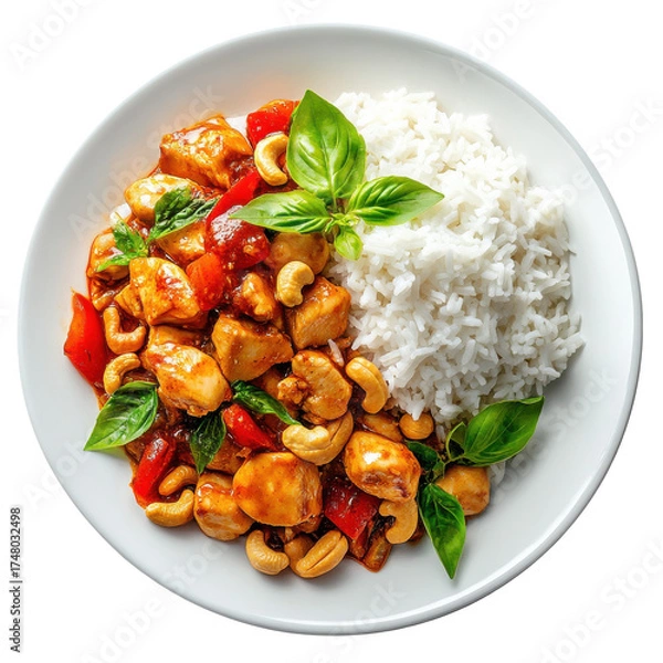 Fototapeta Delicious Chicken Stir-Fry with Cashews and Jasmine Rice, Fresh Basil Garnish, Perfect for Family Meals or Gatherings on transparent background