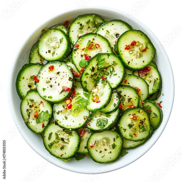 Fototapeta Freshly Sliced Cucumber Salad with Herbs and Spices in a White Bowl on transparent background