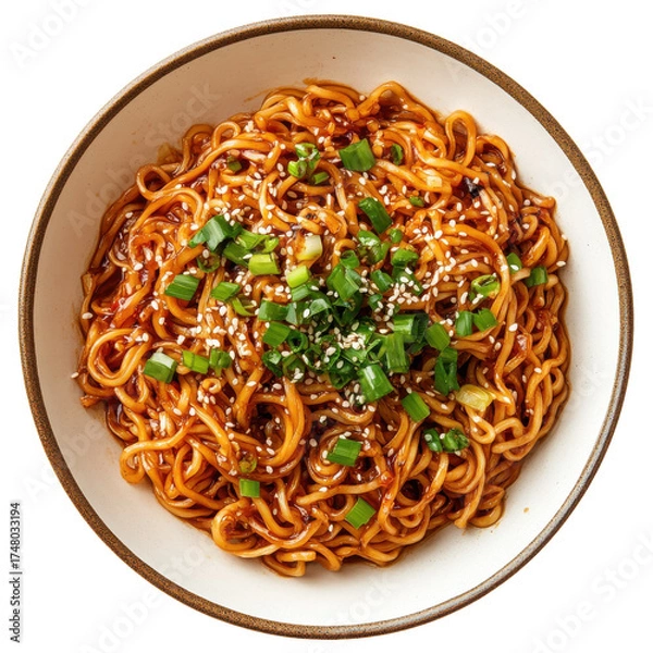 Fototapeta Delicious Bowl of Spicy Noodles with Green Onions and Sesame Seeds in a Simple White Dish on transparent background
