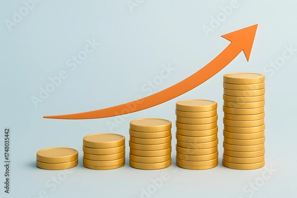 Obraz Growing stacks of gold coins with upward arrow symbolizing profit and