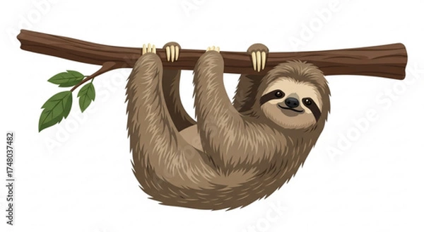 Fototapeta An adorable sloth hanging lazily from a tree branch, showcasing its relaxed and gentle nature, perfect for nature lovers