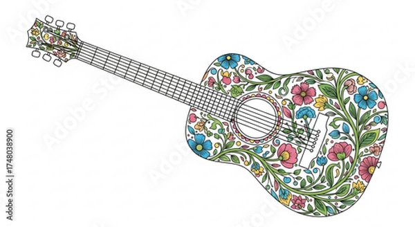 Fototapeta Acoustic guitar with floral design, a unique and artistic musical instrument adorned with colorful flowers and leaves