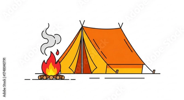 Fototapeta Illustration of a tent and campfire, evoking camping, adventure, and outdoor recreation in a minimalist and modern design