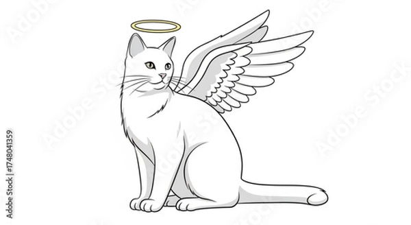 Fototapeta An angelic white cat with wings and a halo, , representing purity, innocence, and divine grace in a serene illustration