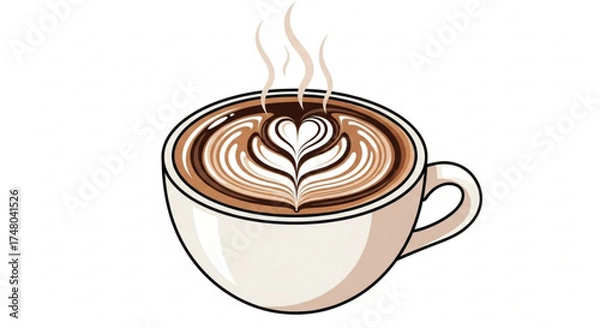 Fototapeta Illustration of a cup of coffee with latte art, , showcasing a beautiful heart shape in the foam, perfect for coffee lovers and cafe designs