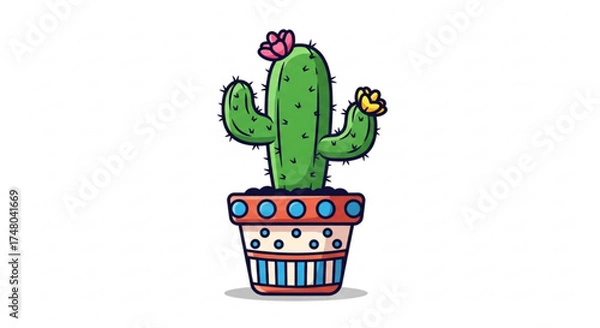Fototapeta A cute cactus in a pot with flowers, perfect for adding a touch of desert charm to your design projects