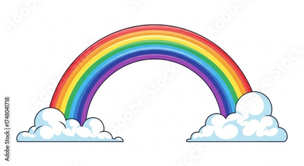 Fototapeta A vibrant rainbow with fluffy white clouds, showcasing the spectrum of colors from red to violet in a simple, cheerful design