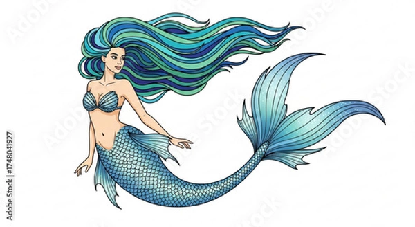 Fototapeta Beautiful mermaid with blue hair and tail enchanting mythical creature with long flowing locks, shimmering scales, and graceful pose