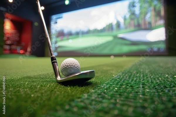 Fototapeta Golf ball and iron club head on green background with LED screen displaying virtual training data, indoor driving range setup, close-up shot.