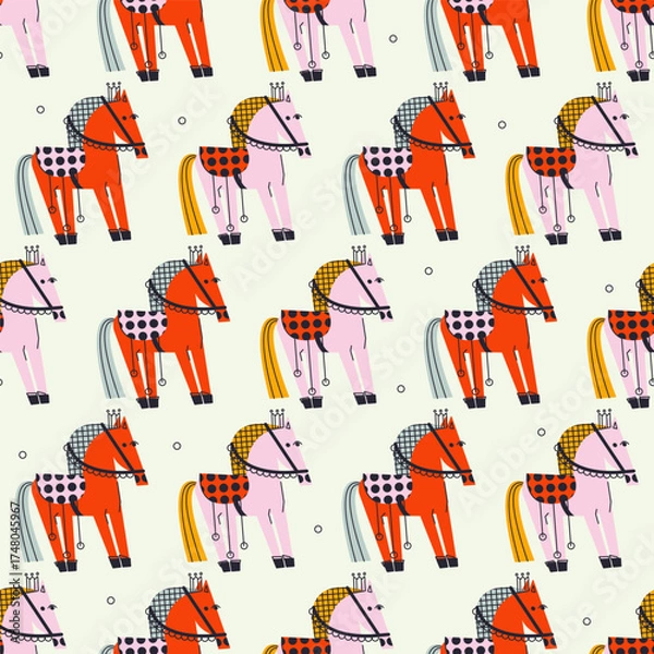 Obraz A cute little Christmas toy horse or pony. Vector holiday seamless pattern, background, print, design element