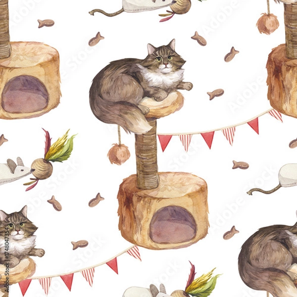 Fototapeta Cat sitting on a stand watercolor pattern