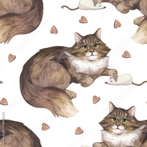 Fototapeta Watercolor pattern with a fluffy cat