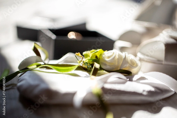 Obraz Soft-focus, bright image of a white satin ring bearer pillow with a delicate white rose and green ribbon, next to an open, black jewelry box.
