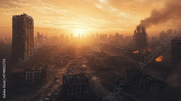 Obraz Cityscape after destruction at sunset