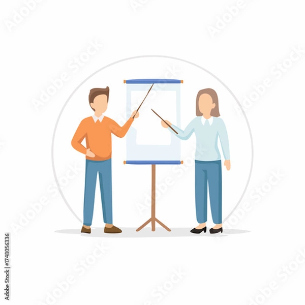 Fototapeta A man and a woman pointing at a blank flip chart during a business presentation or training session.
