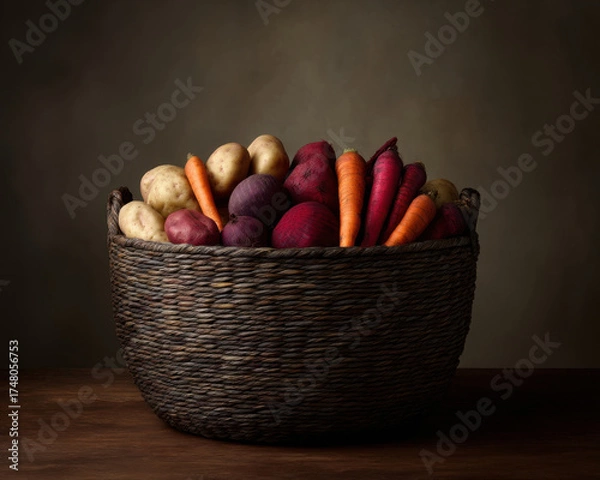 Fototapeta Vegan Minimalism Sustainability Concept, Fresh vegan vegetables dark minimalism style create healthy sustainable plant based food rustic basket