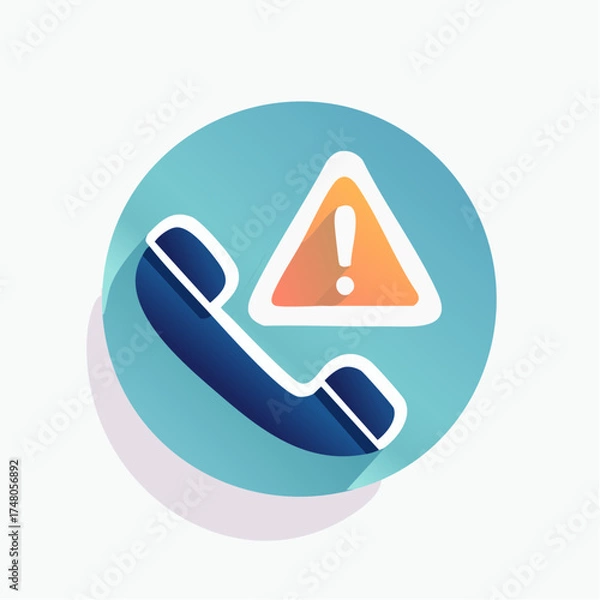 Fototapeta A modern flat design icon of a telephone receiver with a warning sign, symbolizing a spam call or communication alert.