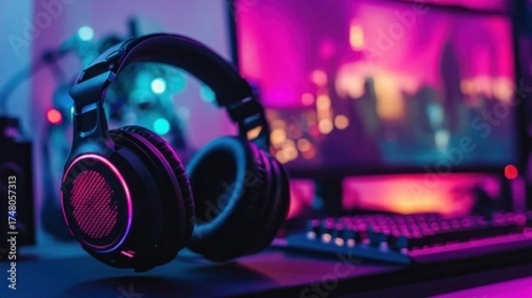 Fototapeta Gaming headset and computer setup indoor