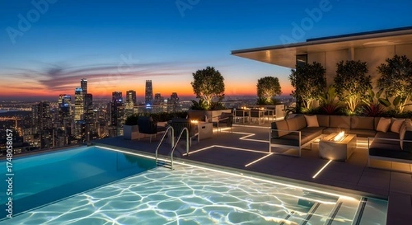 Obraz Luxurious modern rooftop pool and lounge area with stunning city skyline views at twilight, offering an exquisite urban escape and sophisticated evening relaxation