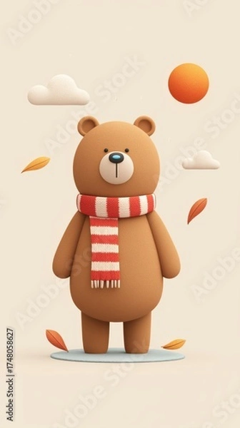 Fototapeta 3D Cute bear character wearing a red striped scarf standing on a snowy patch with leaves and clouds around.