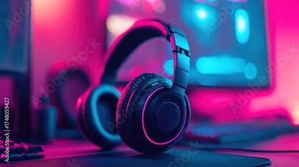 Fototapeta Gaming headphones on a desk with glowing lights