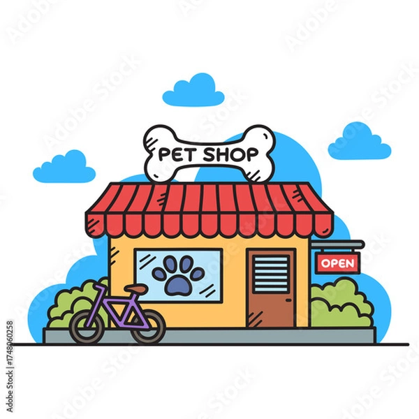 Fototapeta Charming cartoon pet shop exterior with a bicycle outside and an open sign on a bright day with fluffy clouds and green bushes